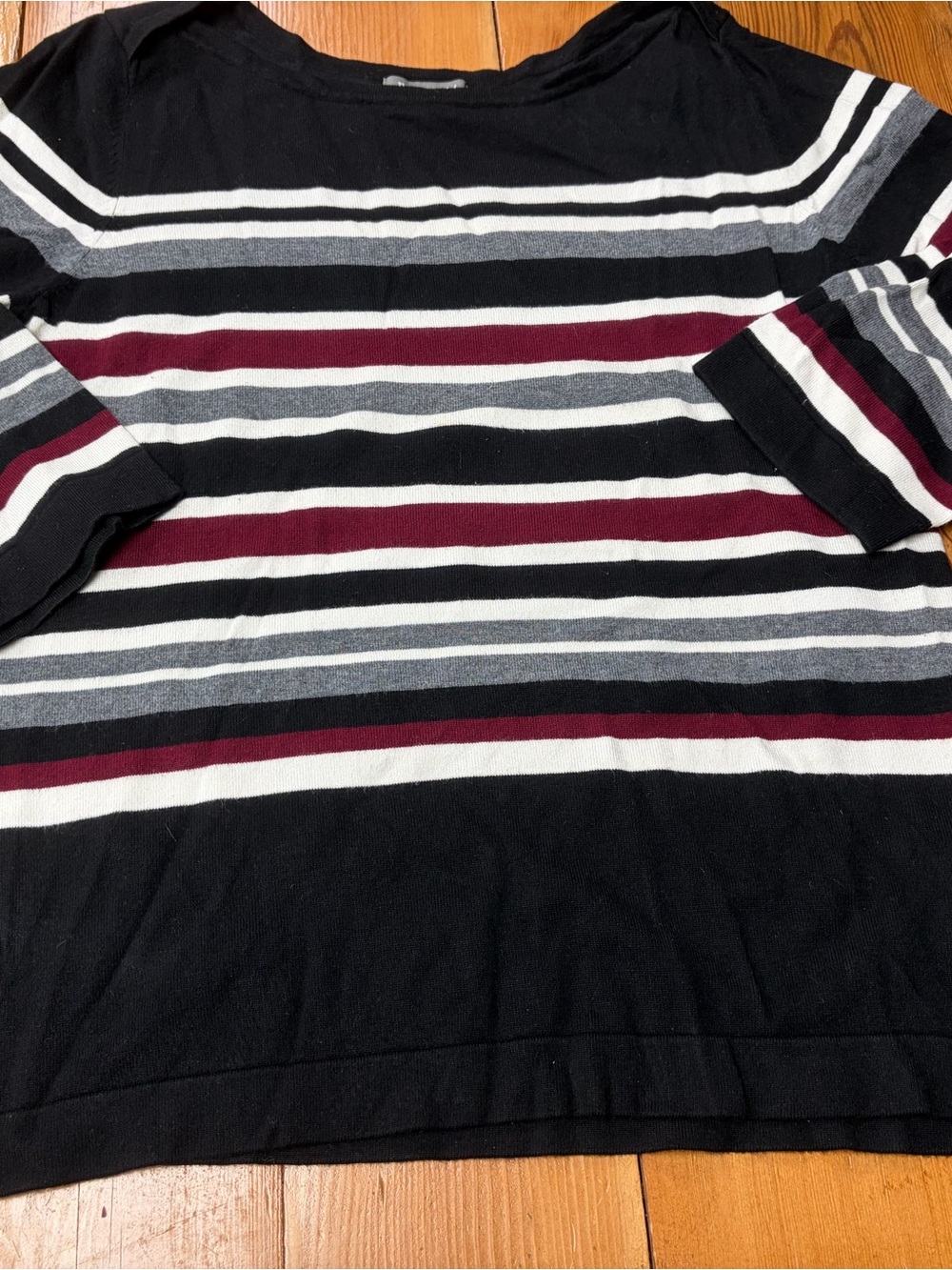 Women's Black Striped Sweater with Burgundy and Gray Accents